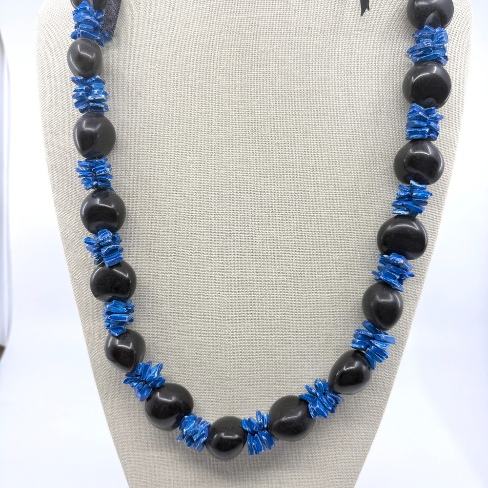 Black Blue Shell Chip Chunky Bead Ribbon Tie Necklace Boho Statement Jewelry
